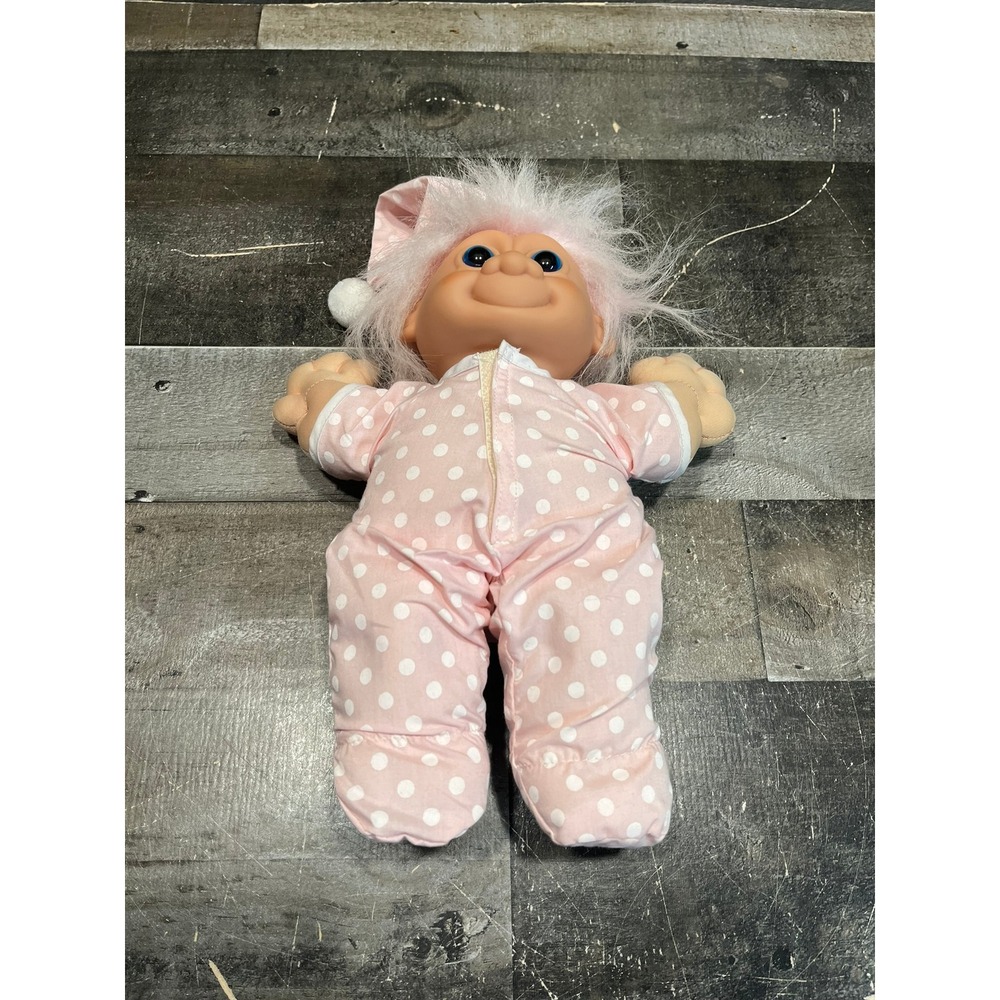 Vintage Russ Berrie Troll Doll Plush Pink Polka Dot Pajamas Nightcap Blue Eyes